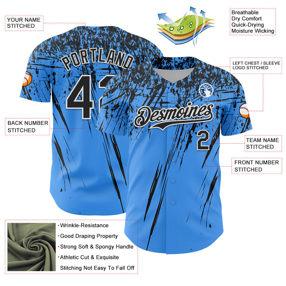 Custom Electric Blue Black-White Distressed Scratch Brush Stroke Authentic Baseball Jersey baseball jersey product view 3