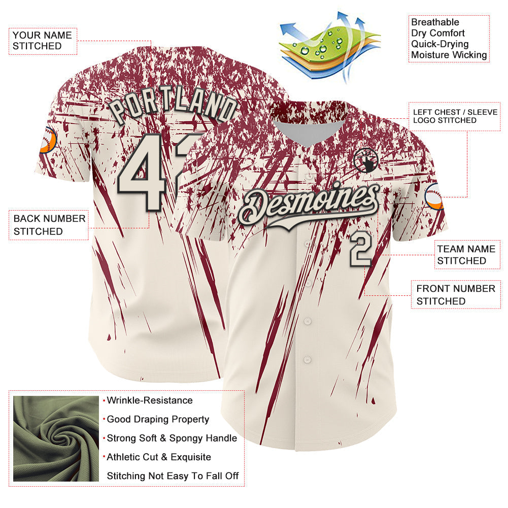 Custom Cream Crimson-Black Distressed Scratch Brush Stroke Authentic Baseball Jersey baseball jersey product view 3