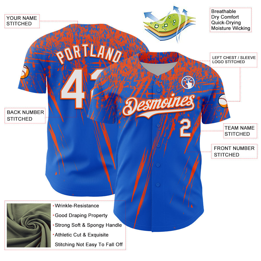 Custom Thunder Blue White-Orange Distressed Scratch Brush Stroke Authentic Baseball Jersey baseball jersey product view 3