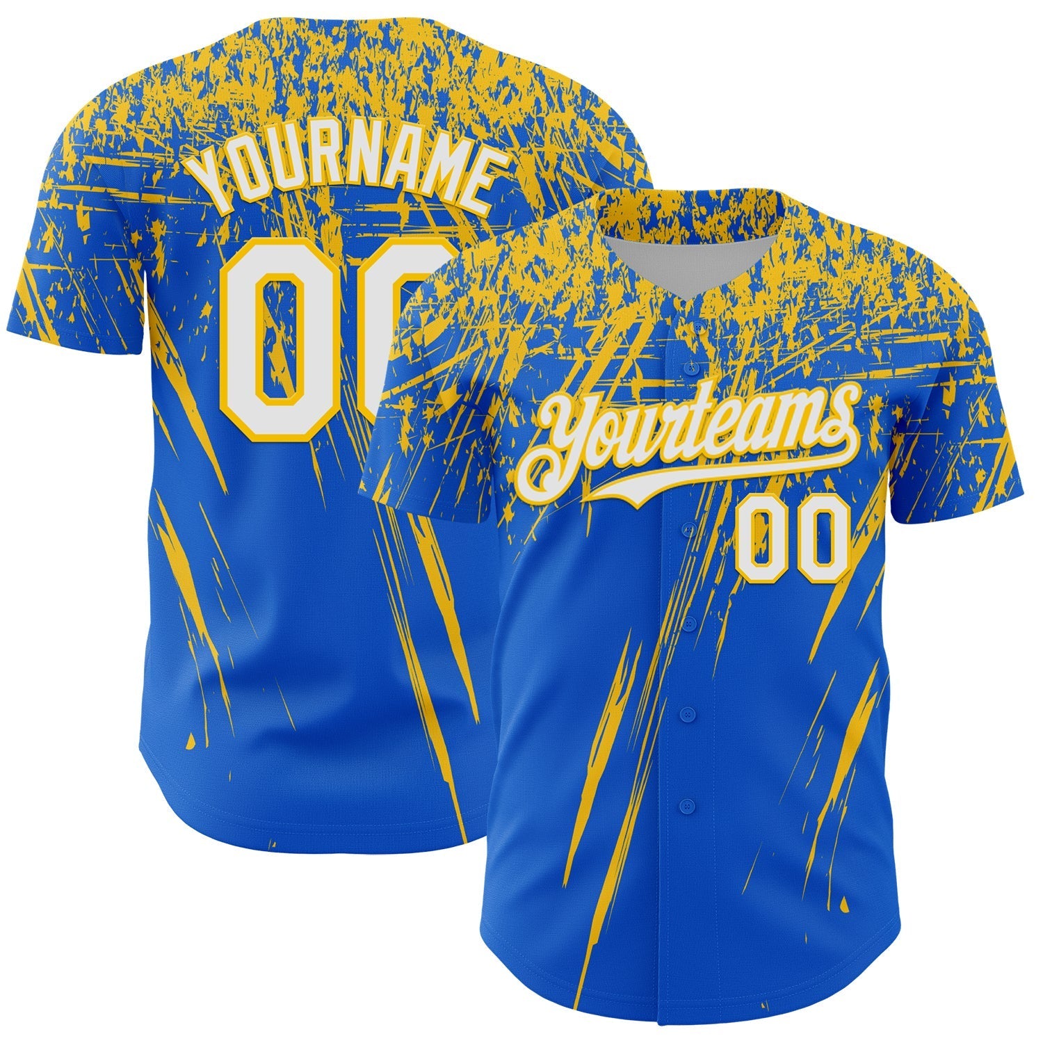 Custom Thunder Blue White-Yellow Distressed Scratch Brush Stroke Authentic Baseball Jersey baseball jersey product view 1