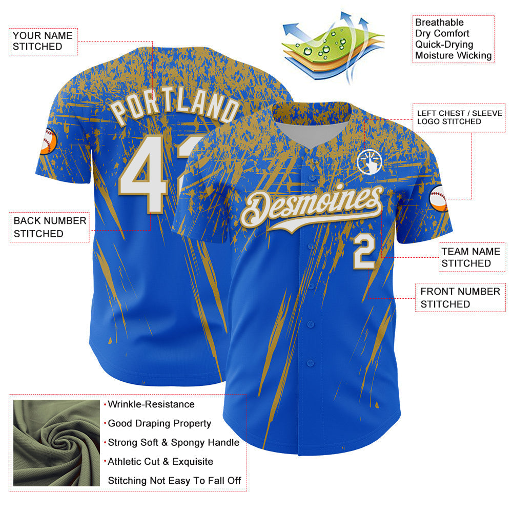 Custom Thunder Blue White-Old Gold Distressed Scratch Brush Stroke Authentic Baseball Jersey baseball jersey product view 3