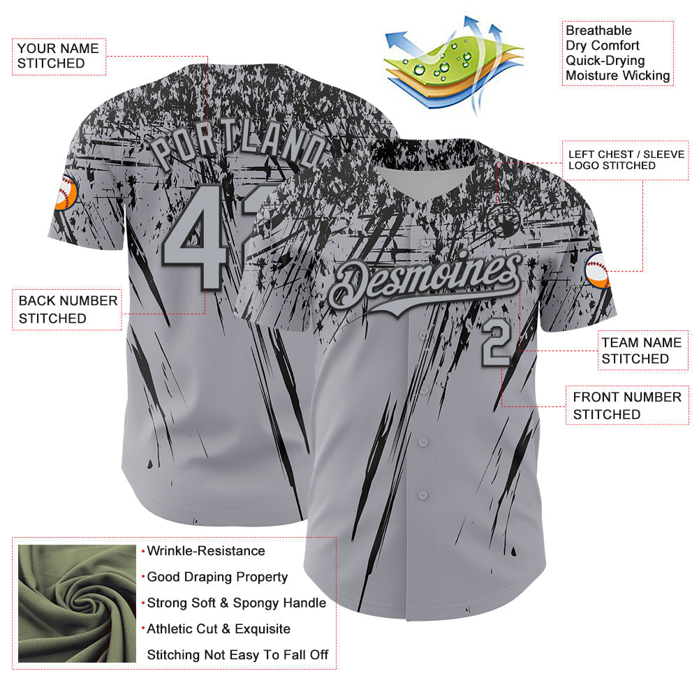 Custom Gray Black Distressed Scratch Brush Stroke Authentic Baseball Jersey baseball jersey product view 3