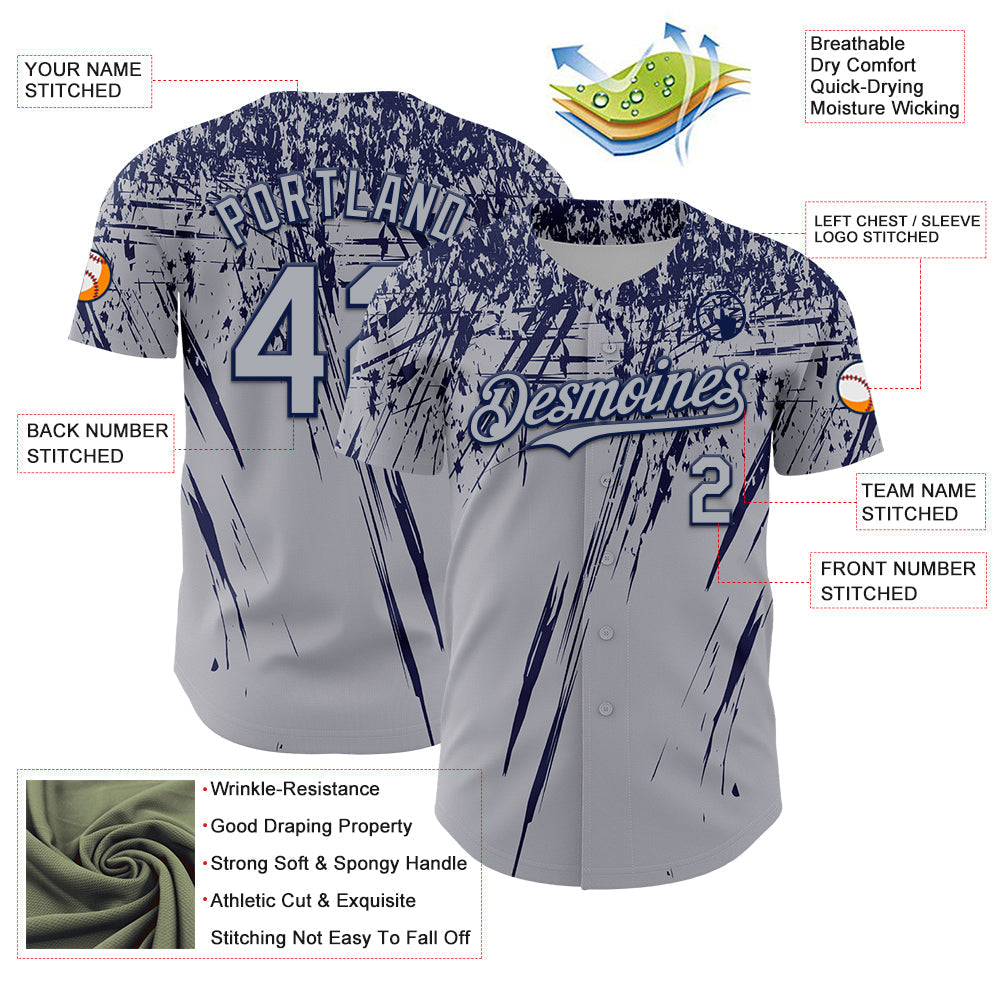 Custom Gray Navy Distressed Scratch Brush Stroke Authentic Baseball Jersey baseball jersey product view 3
