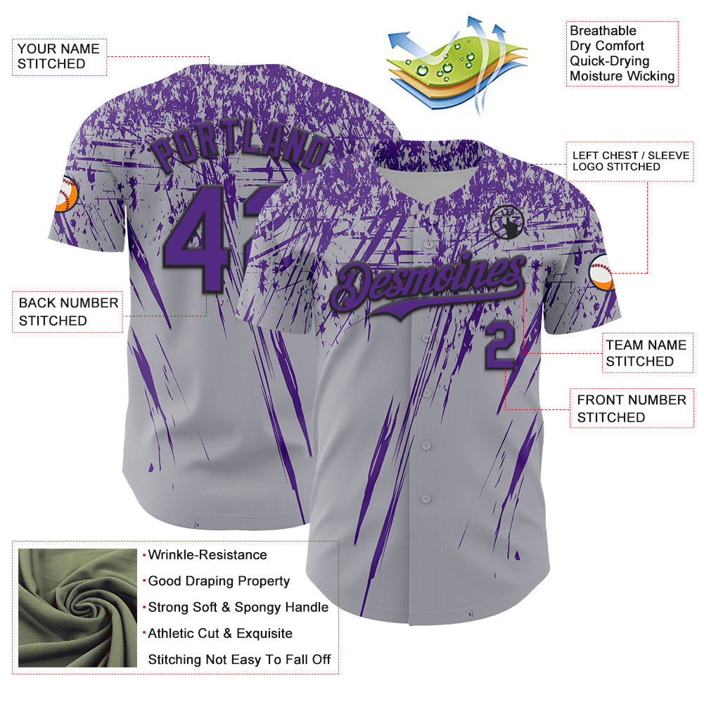 Custom Gray Purple-Black Distressed Scratch Brush Stroke Authentic Baseball Jersey baseball jersey product view 3