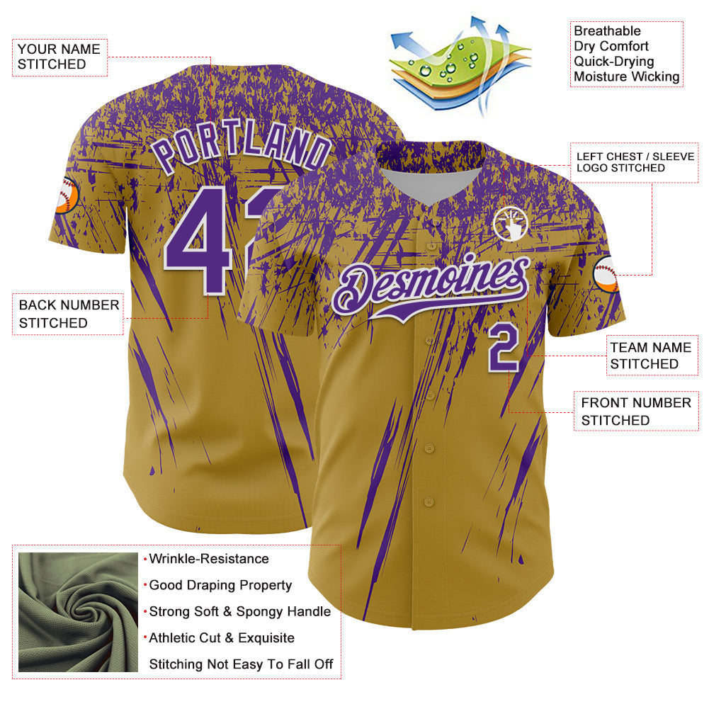 Custom Old Gold Purple-White Distressed Scratch Brush Stroke Authentic Baseball Jersey baseball jersey product view 3