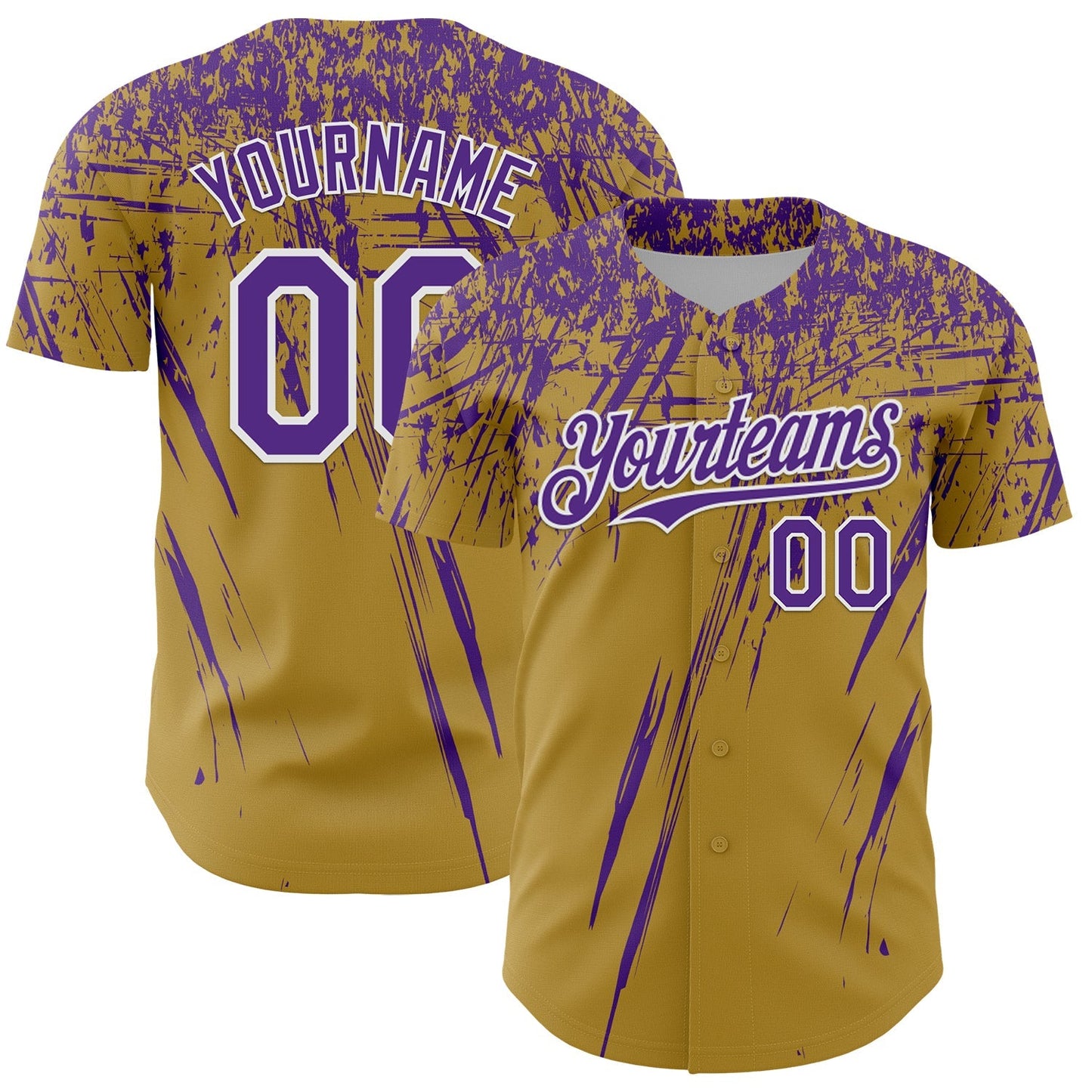Custom Old Gold Purple-White Distressed Scratch Brush Stroke Authentic Baseball Jersey baseball jersey product view 1