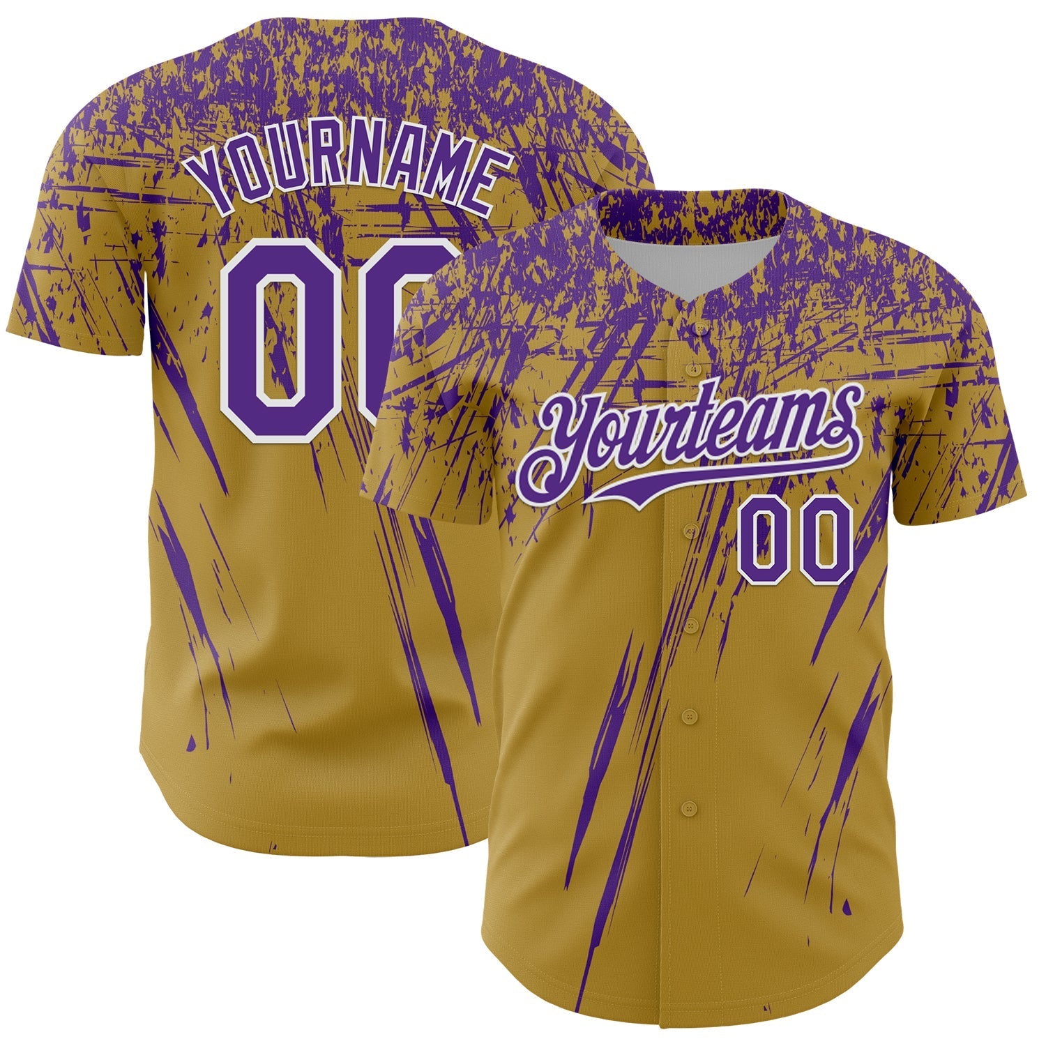 Custom Old Gold Purple-White Distressed Scratch Brush Stroke Authentic Baseball Jersey baseball jersey product view 1