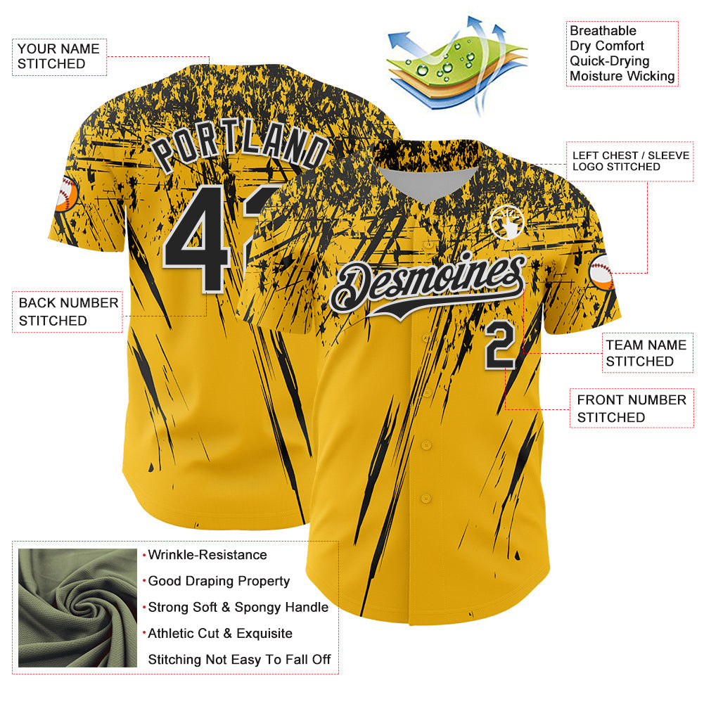 Custom Gold Black-White Distressed Scratch Brush Stroke Authentic Baseball Jersey baseball jersey product view 3