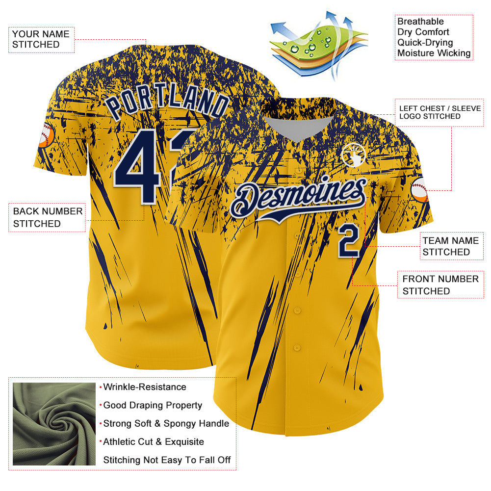 Custom Gold Navy-White Distressed Scratch Brush Stroke Authentic Baseball Jersey baseball jersey product view 3