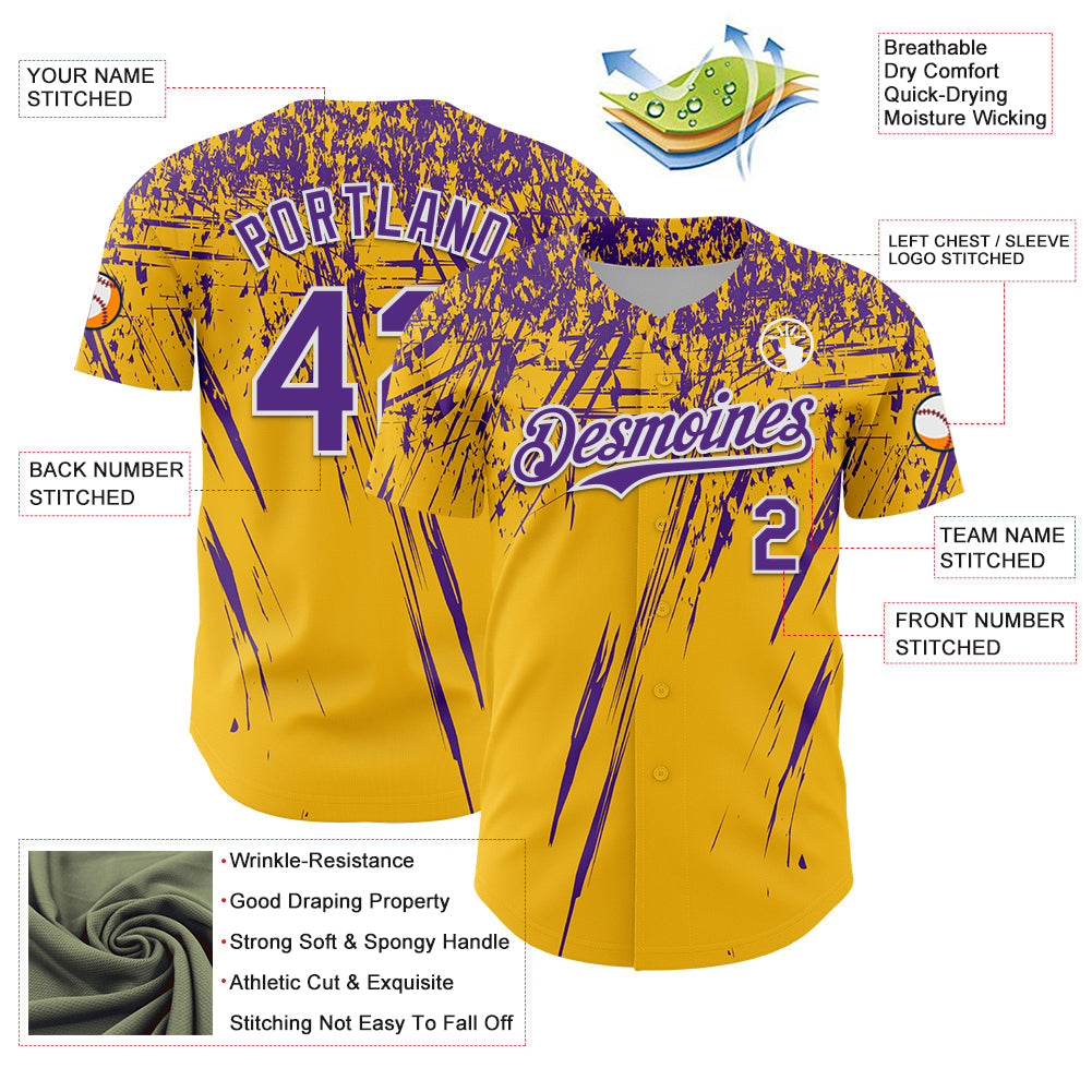 Custom Gold Purple-White Distressed Scratch Brush Stroke Authentic Baseball Jersey baseball jersey product view 3