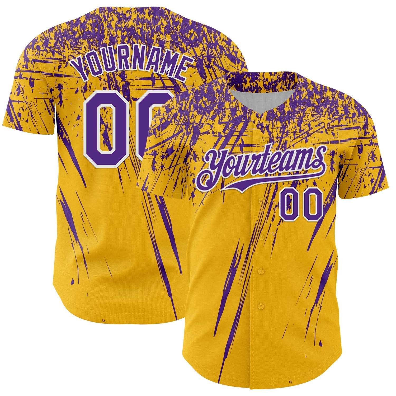 Custom Gold Purple-White Distressed Scratch Brush Stroke Authentic Baseball Jersey baseball jersey product view 1