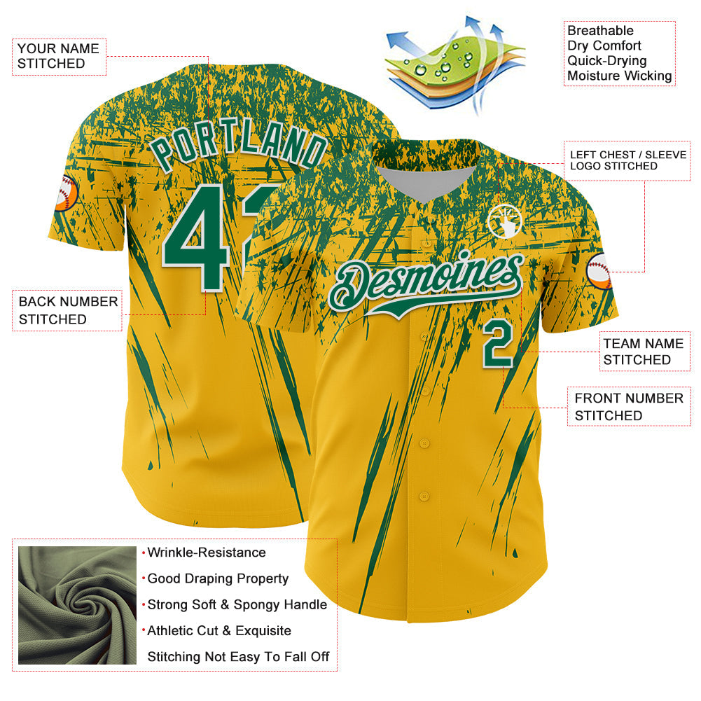 Custom Gold Kelly Green-White Distressed Scratch Brush Stroke Authentic Baseball Jersey baseball jersey product view 3
