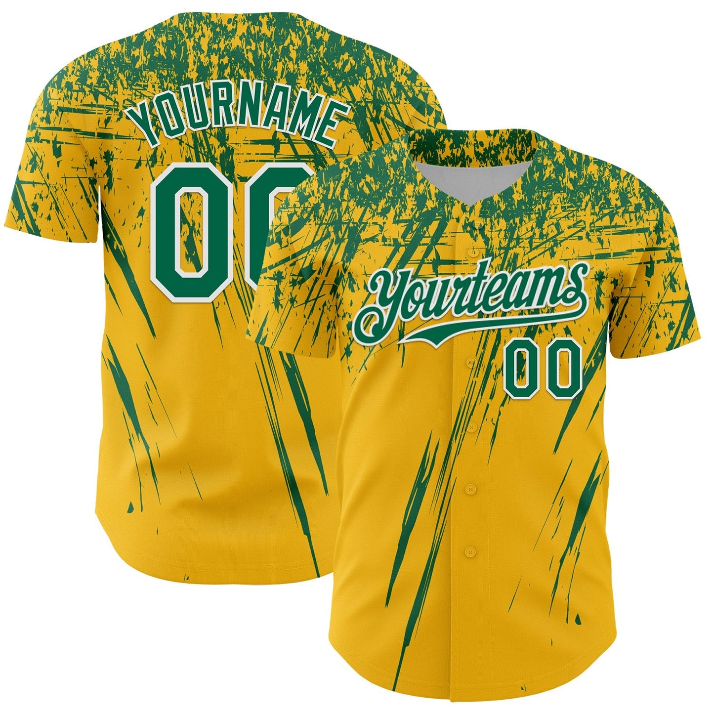 Custom Gold Kelly Green-White Distressed Scratch Brush Stroke Authentic Baseball Jersey baseball jersey product view 1