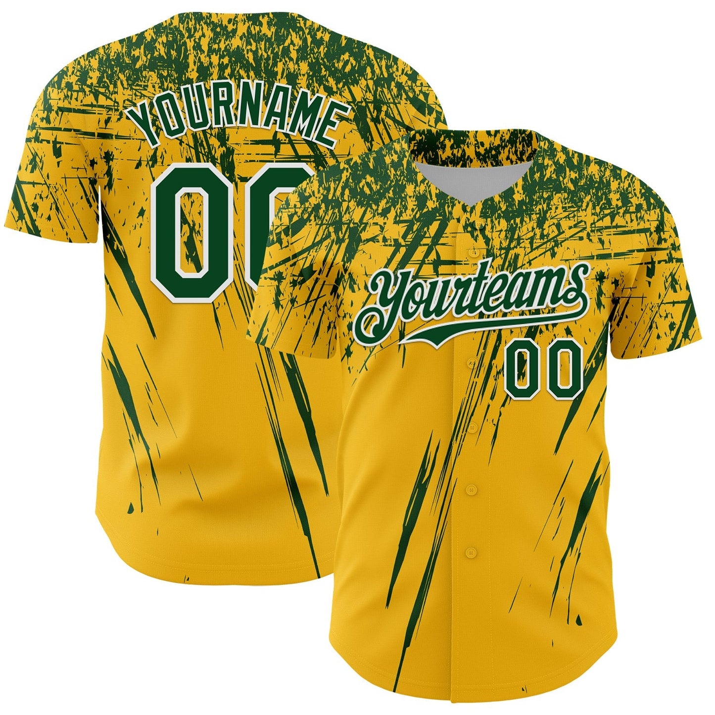 Custom Gold Green-White Distressed Scratch Brush Stroke Authentic Baseball Jersey baseball jersey product view 1