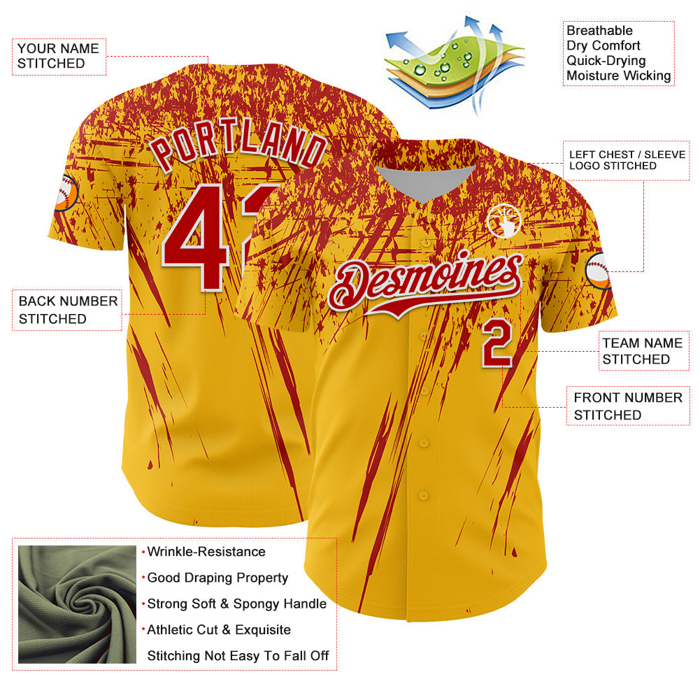 Custom Gold Red-White Distressed Scratch Brush Stroke Authentic Baseball Jersey baseball jersey product view 3