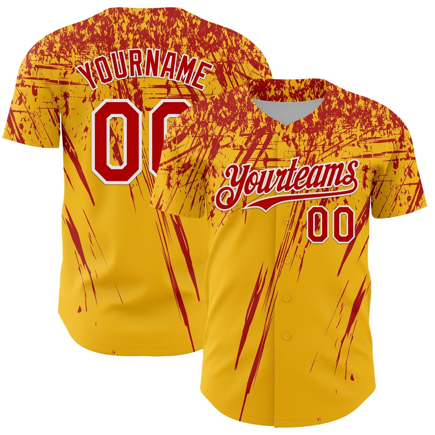 Custom Gold Red-White Distressed Scratch Brush Stroke Authentic Baseball Jersey baseball jersey product view 1