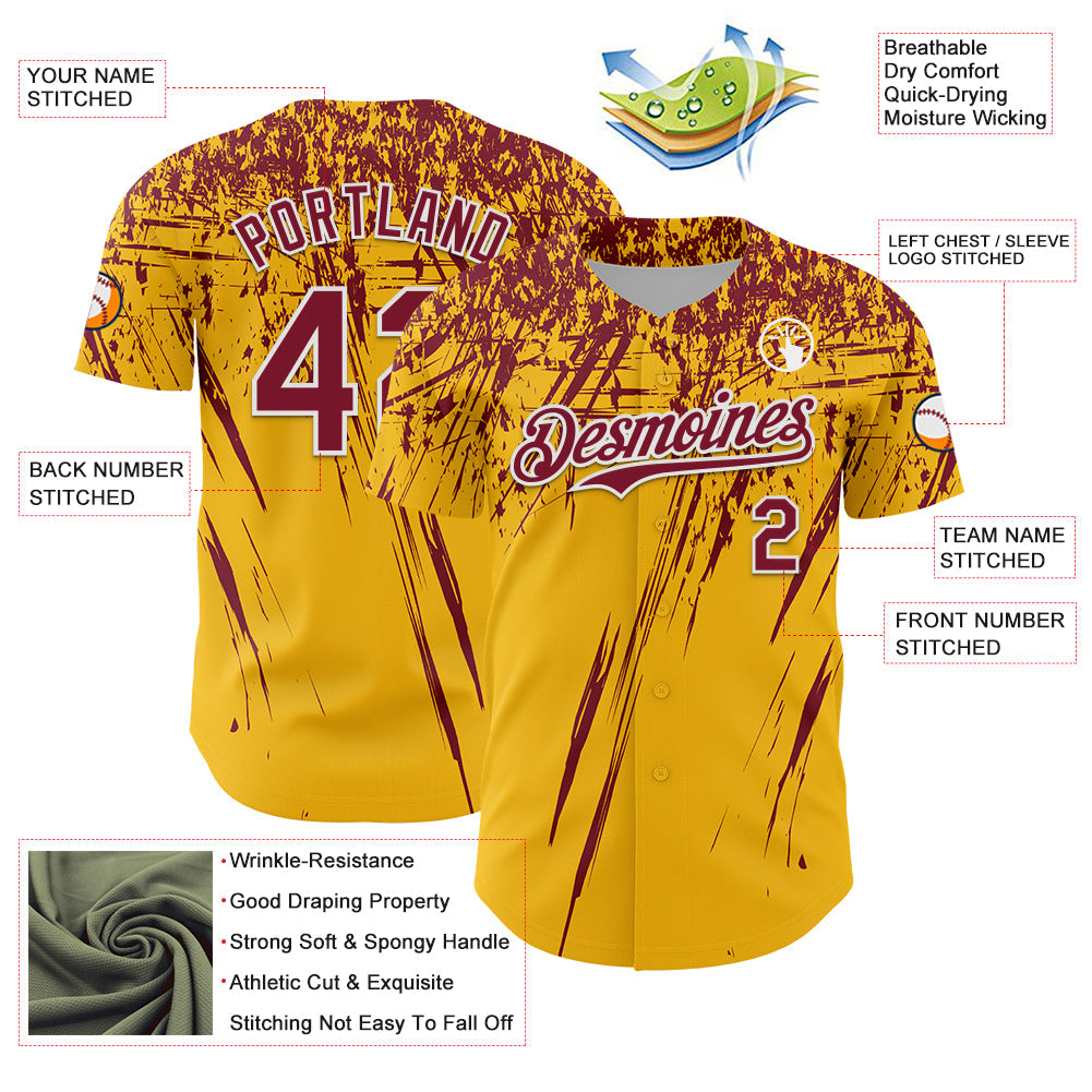 Custom Gold Crimson-White Distressed Scratch Brush Stroke Authentic Baseball Jersey baseball jersey product view 3