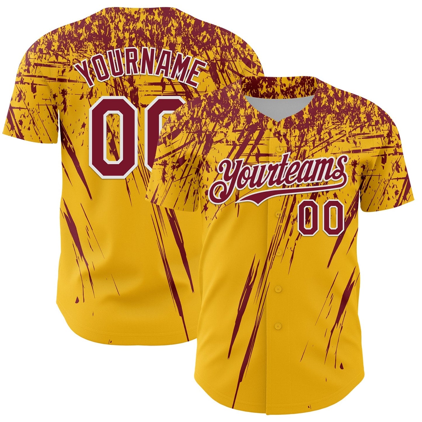 Custom Gold Crimson-White Distressed Scratch Brush Stroke Authentic Baseball Jersey baseball jersey product view 1