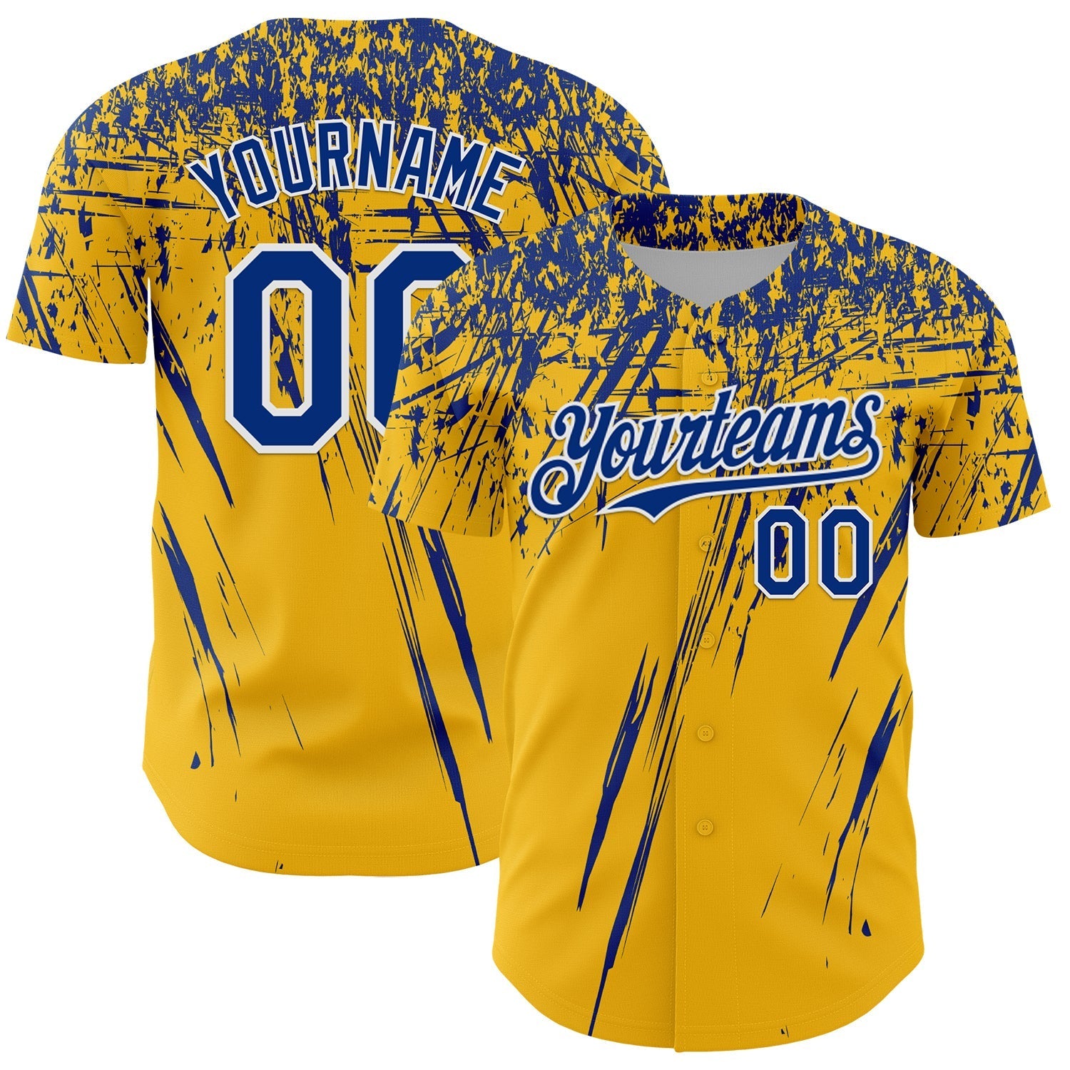 Custom Gold Royal-White Distressed Scratch Brush Stroke Authentic Baseball Jersey baseball jersey product view 1