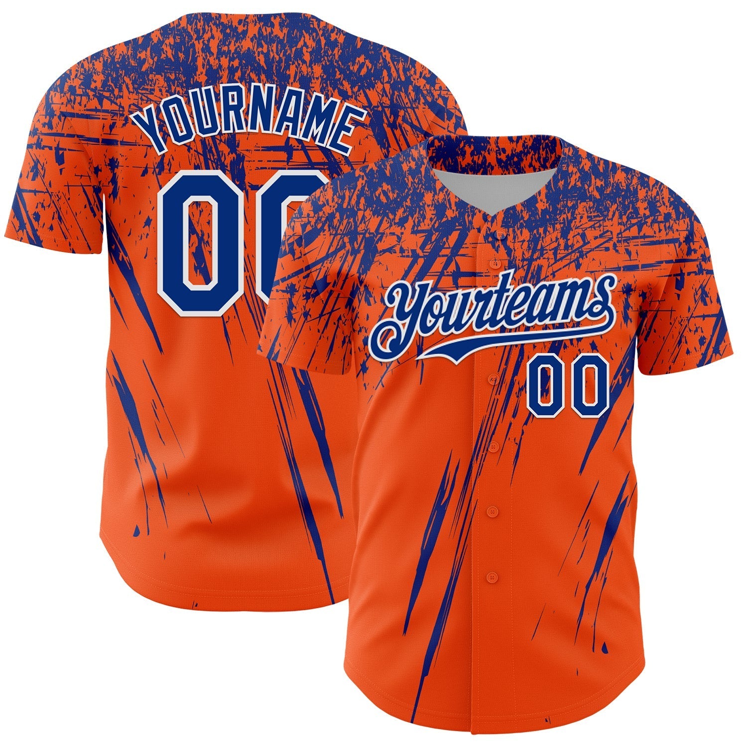 Custom Orange Royal-White Distressed Scratch Brush Stroke Authentic Baseball Jersey baseball jersey product view 1