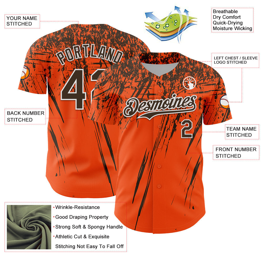 Custom Orange Brown-White Distressed Scratch Brush Stroke Authentic Baseball Jersey baseball jersey product view 3