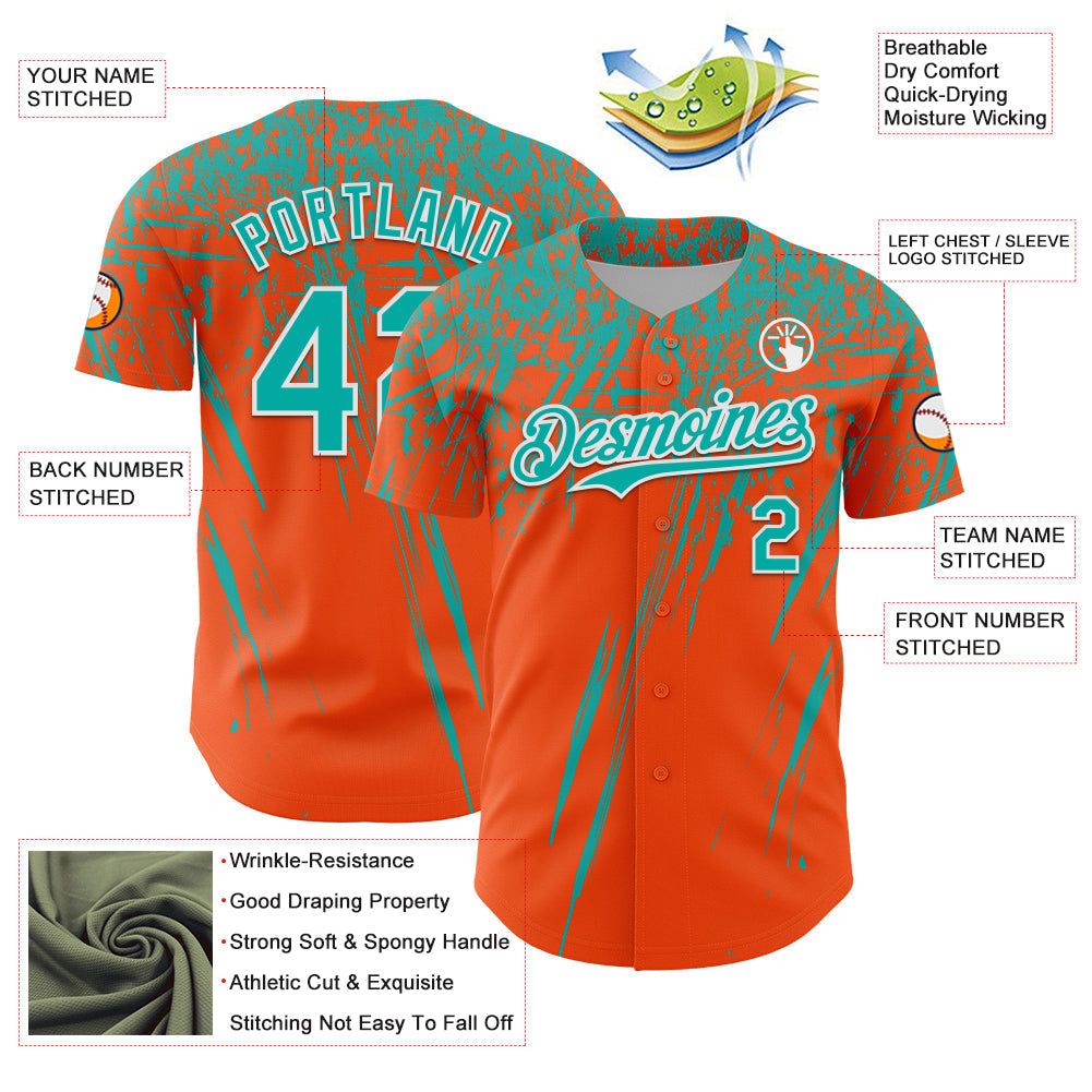 Custom Orange Aqua-White Distressed Scratch Brush Stroke Authentic Baseball Jersey baseball jersey product view 3