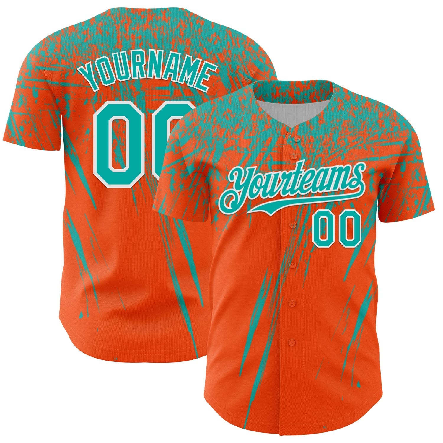 Custom Orange Aqua-White Distressed Scratch Brush Stroke Authentic Baseball Jersey baseball jersey product view 1