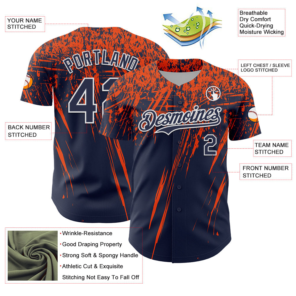 Custom Navy Orange-White Distressed Scratch Brush Stroke Authentic Baseball Jersey baseball jersey product view 3