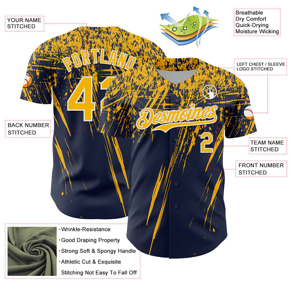 Custom Navy Gold-White Distressed Scratch Brush Stroke Authentic Baseball Jersey baseball jersey product view 3
