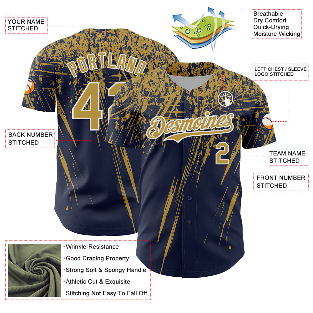 Custom Navy Old Gold-White Distressed Scratch Brush Stroke Authentic Baseball Jersey baseball jersey product view 3