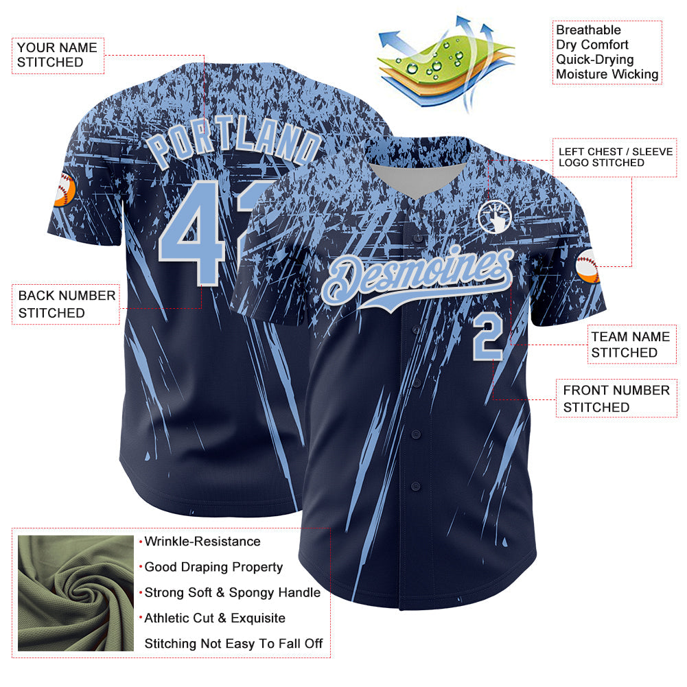 Custom Navy Light Blue-White Distressed Scratch Brush Stroke Authentic Baseball Jersey baseball jersey product view 3