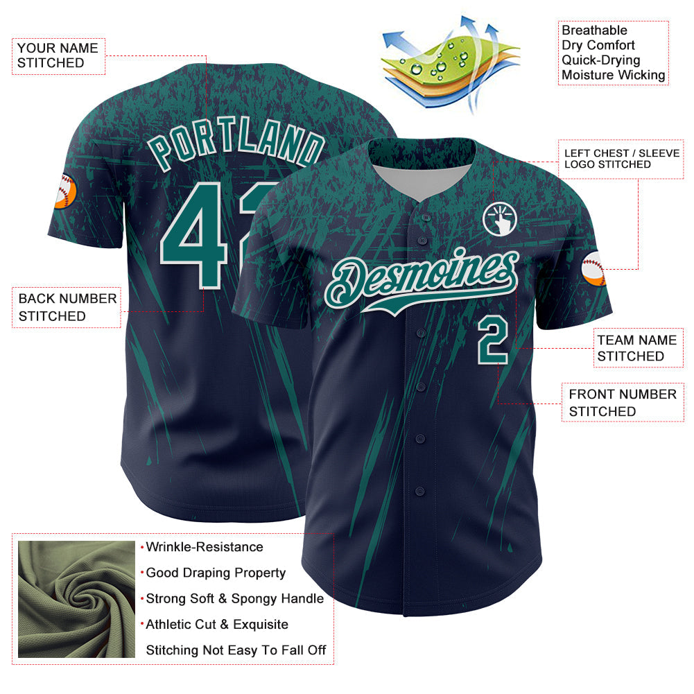 Custom Navy Teal-White Distressed Scratch Brush Stroke Authentic Baseball Jersey baseball jersey product view 3