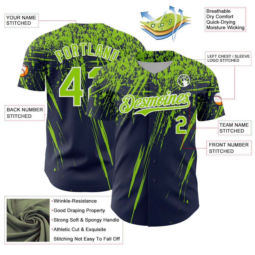 Custom Navy Neon Green-White Distressed Scratch Brush Stroke Authentic Baseball Jersey baseball jersey product view 3