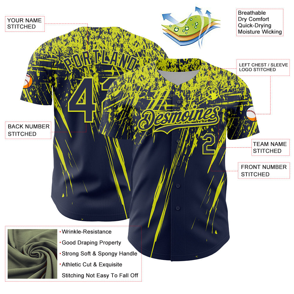 Custom Navy Neon Yellow Distressed Scratch Brush Stroke Authentic Baseball Jersey baseball jersey product view 3