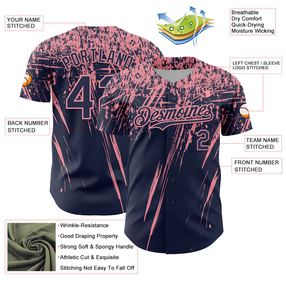 Custom Navy Medium Pink Distressed Scratch Brush Stroke Authentic Baseball Jersey baseball jersey product view 3