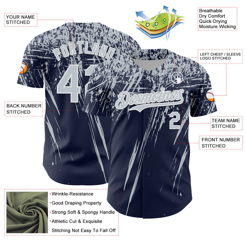Custom Navy Silver-White Distressed Scratch Brush Stroke Authentic Baseball Jersey baseball jersey product view 3