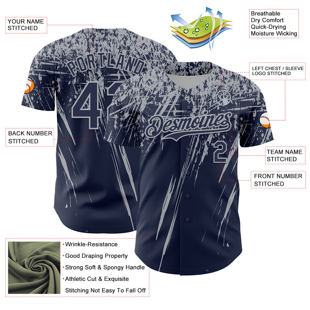 Custom Navy Gray Distressed Scratch Brush Stroke Authentic Baseball Jersey baseball jersey product view 3