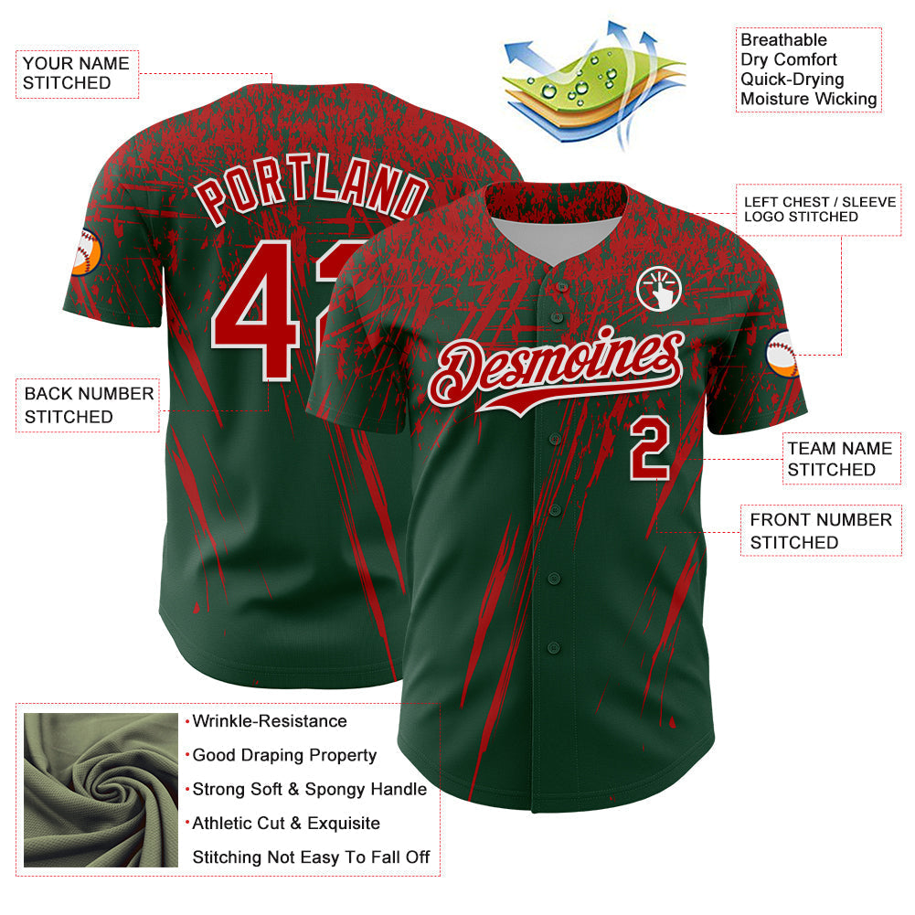 Custom Green Red-White Distressed Scratch Brush Stroke Authentic Baseball Jersey baseball jersey product view 3