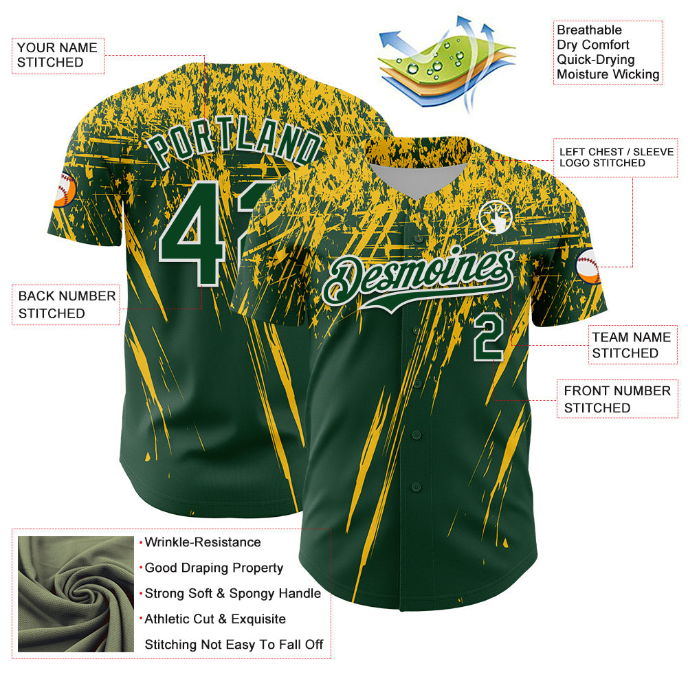 Custom Green Yellow-White Distressed Scratch Brush Stroke Authentic Baseball Jersey baseball jersey product view 3