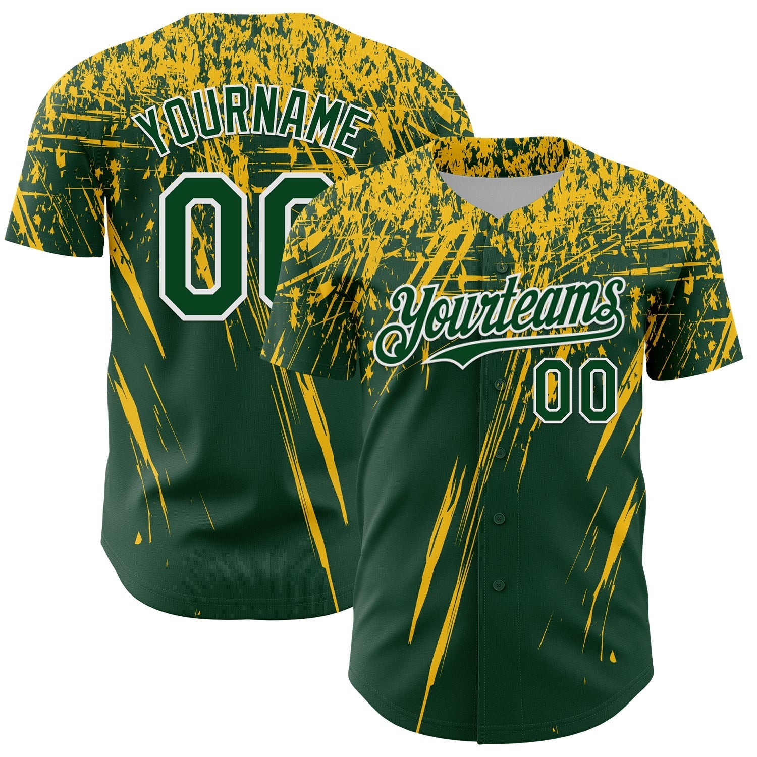 Custom Green Yellow-White Distressed Scratch Brush Stroke Authentic Baseball Jersey baseball jersey product view 1