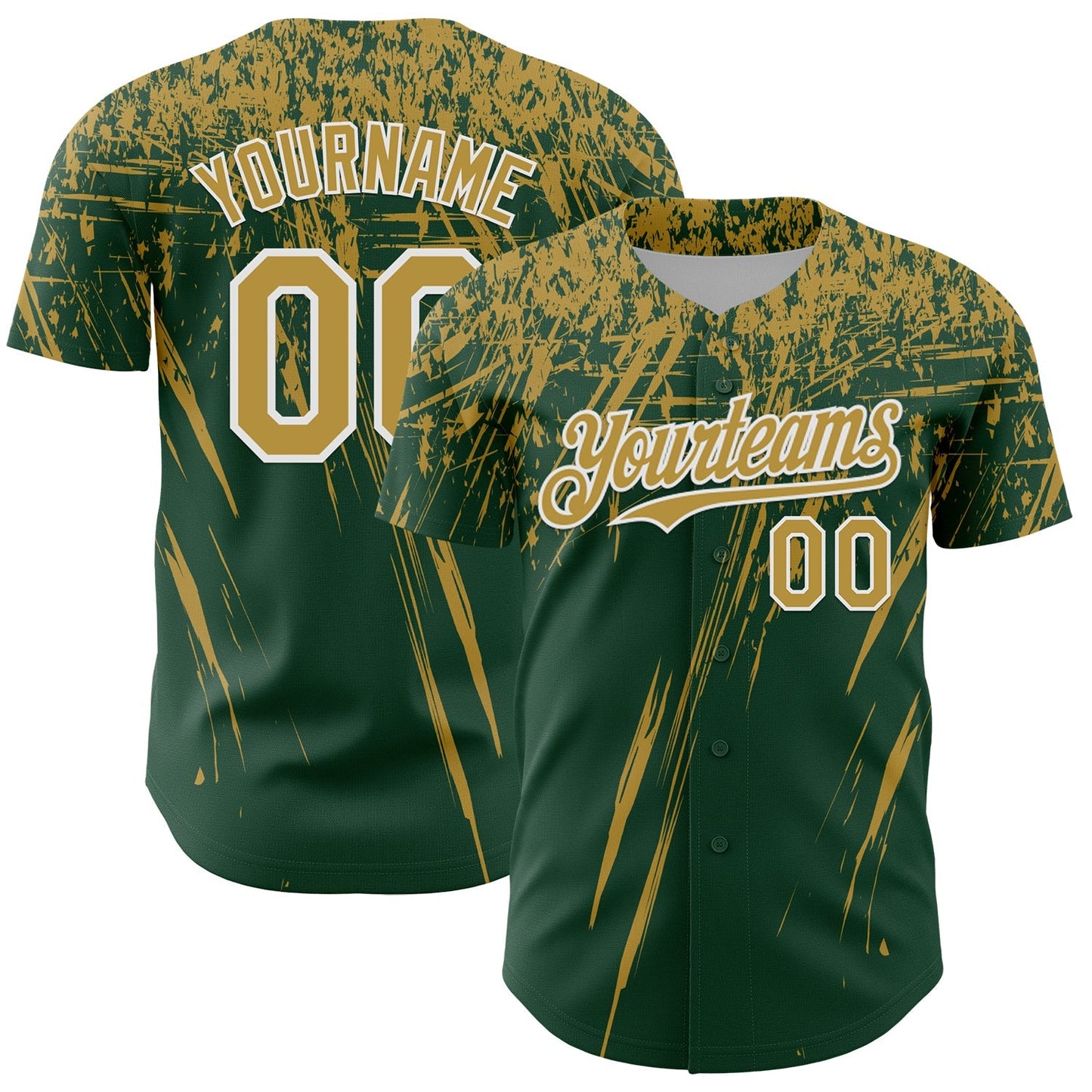 Custom Green Old Gold-White Distressed Scratch Brush Stroke Authentic Baseball Jersey baseball jersey product view 1