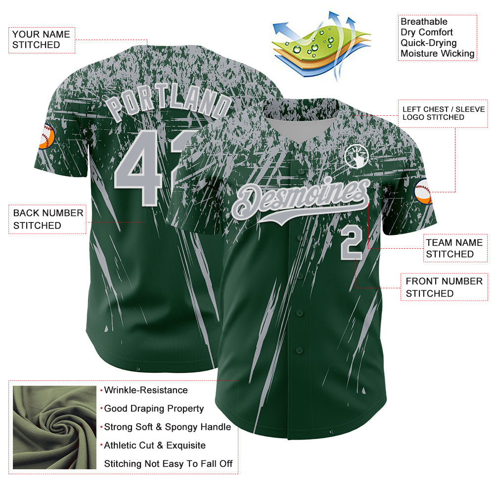 Custom Green Gray-White Distressed Scratch Brush Stroke Authentic Baseball Jersey baseball jersey product view 3
