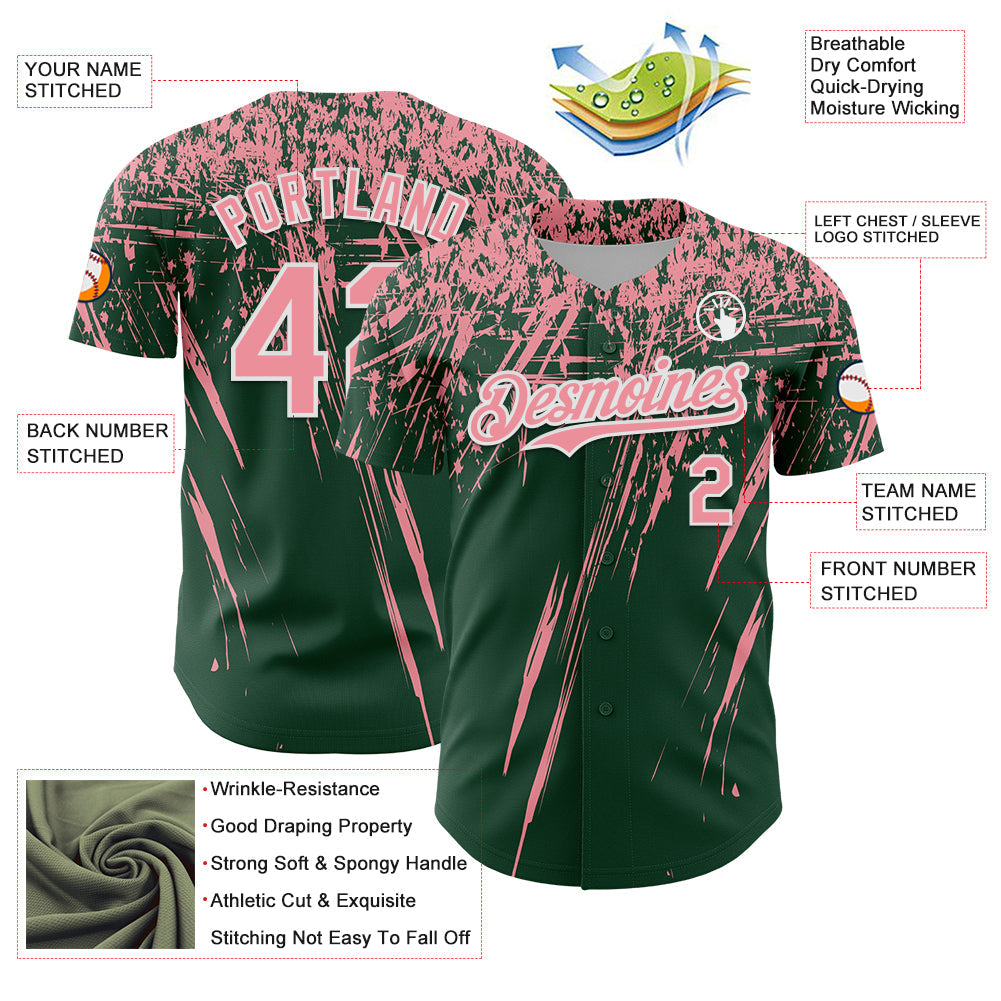 Custom Green Medium Pink-White Distressed Scratch Brush Stroke Authentic Baseball Jersey baseball jersey product view 3