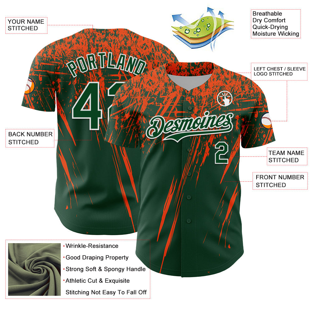 Custom Green Orange-White Distressed Scratch Brush Stroke Authentic Baseball Jersey baseball jersey product view 3