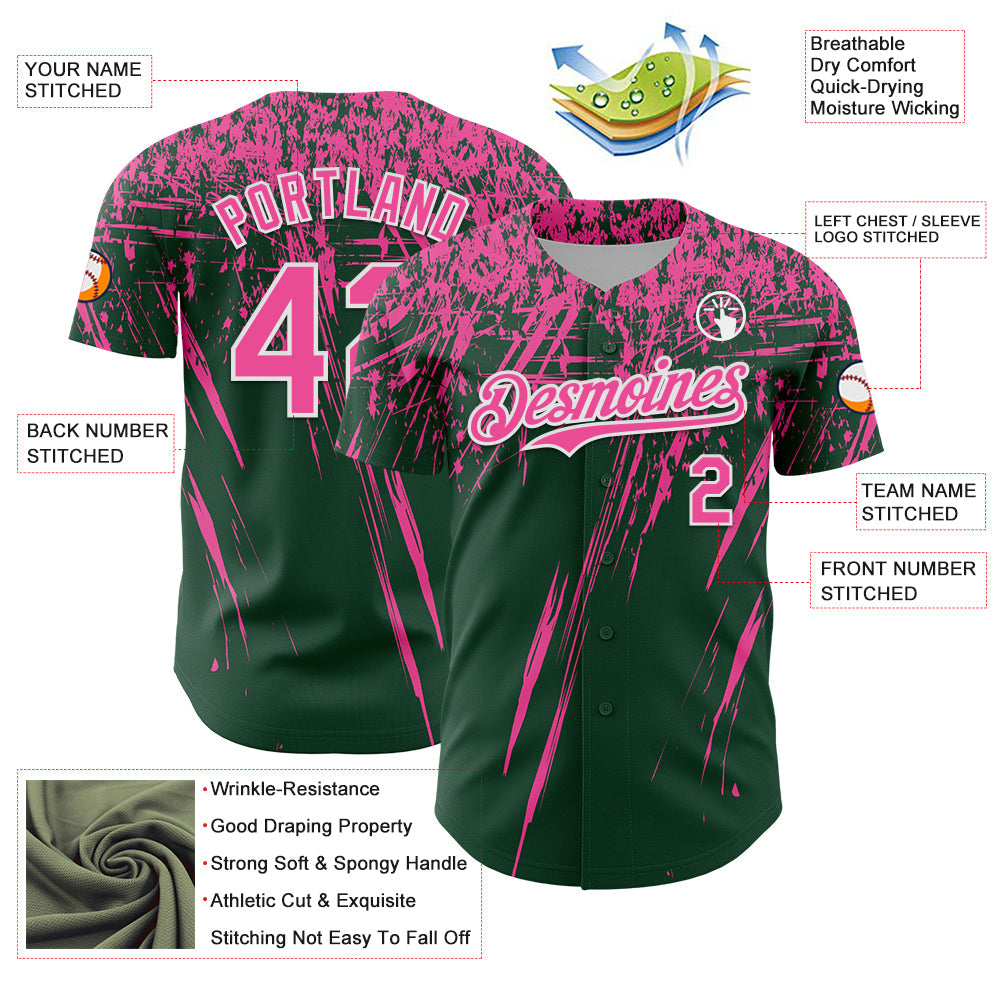 Custom Green Pink-White Distressed Scratch Brush Stroke Authentic Baseball Jersey baseball jersey product view 3