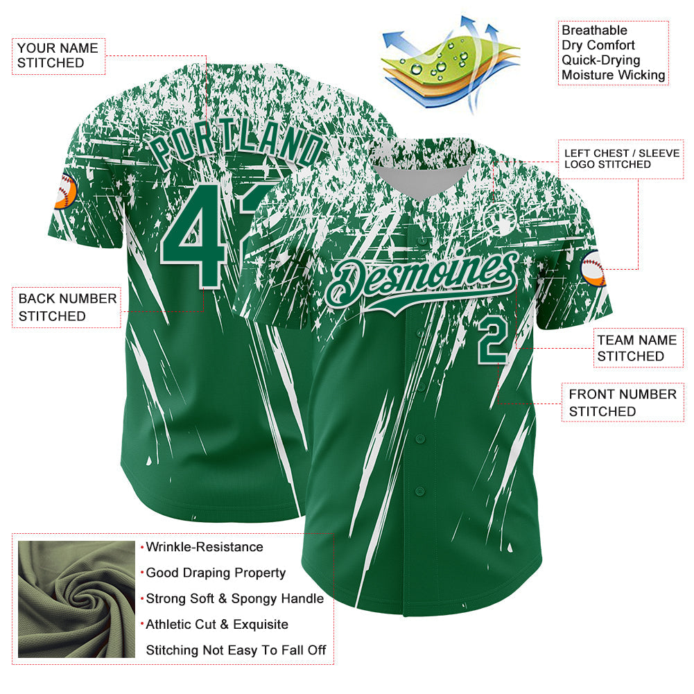 Custom Kelly Green White Distressed Scratch Brush Stroke Authentic Baseball Jersey baseball jersey product view 3
