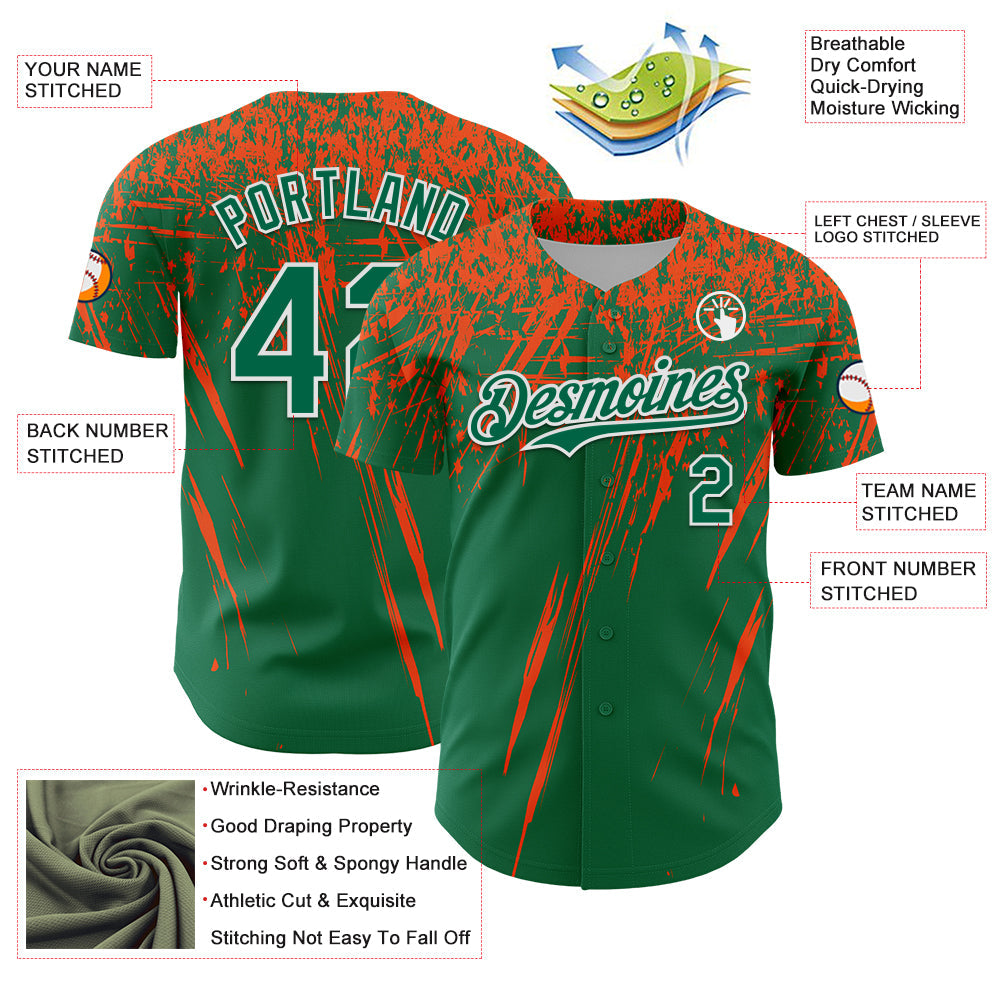 Custom Kelly Green Orange-White Distressed Scratch Brush Stroke Authentic Baseball Jersey baseball jersey product view 3