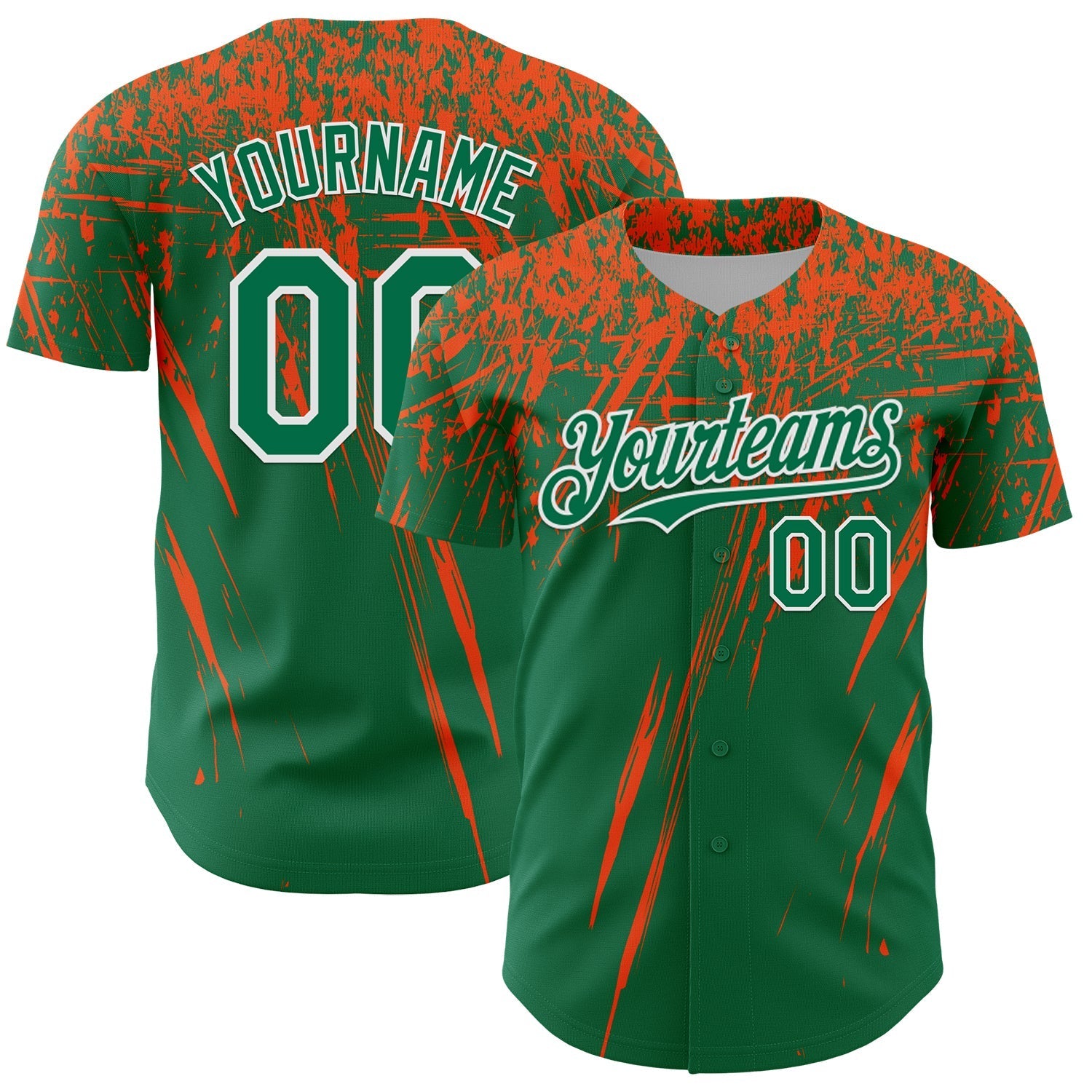 Custom Kelly Green Orange-White Distressed Scratch Brush Stroke Authentic Baseball Jersey baseball jersey product view 1