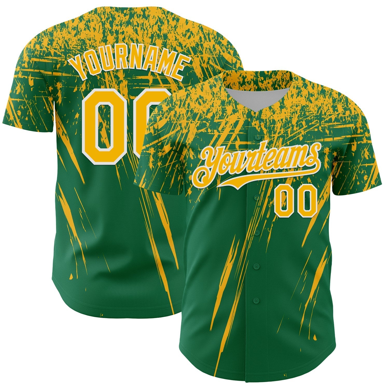 Custom Kelly Green Gold-White Distressed Scratch Brush Stroke Authentic Baseball Jersey baseball jersey product view 1