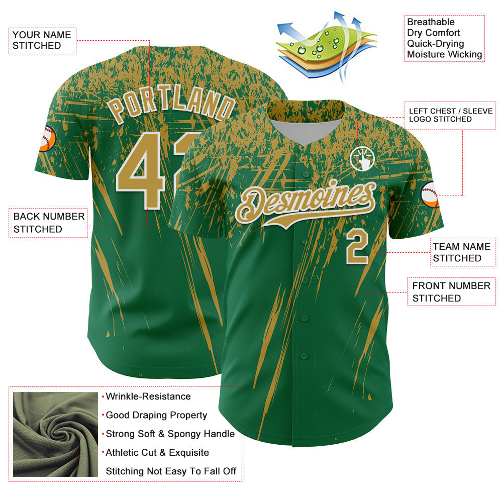 Custom Kelly Green Old Gold-White Distressed Scratch Brush Stroke Authentic Baseball Jersey baseball jersey product view 3